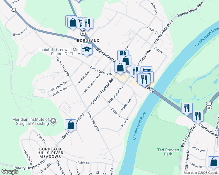 map of restaurants, bars, coffee shops, grocery stores, and more near 1810 County Hospital Road in Nashville