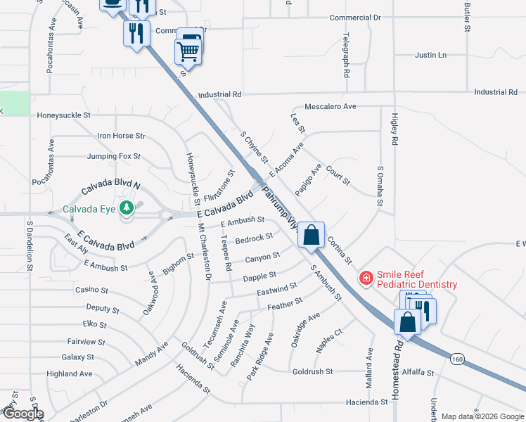 map of restaurants, bars, coffee shops, grocery stores, and more near 2580 East Ambush Street in Pahrump
