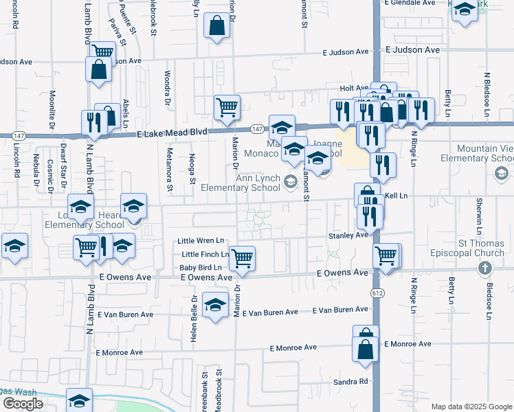 map of restaurants, bars, coffee shops, grocery stores, and more near 21 Kell Lane in Las Vegas