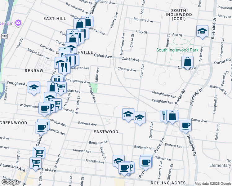 map of restaurants, bars, coffee shops, grocery stores, and more near 1537 Douglas Avenue in Nashville