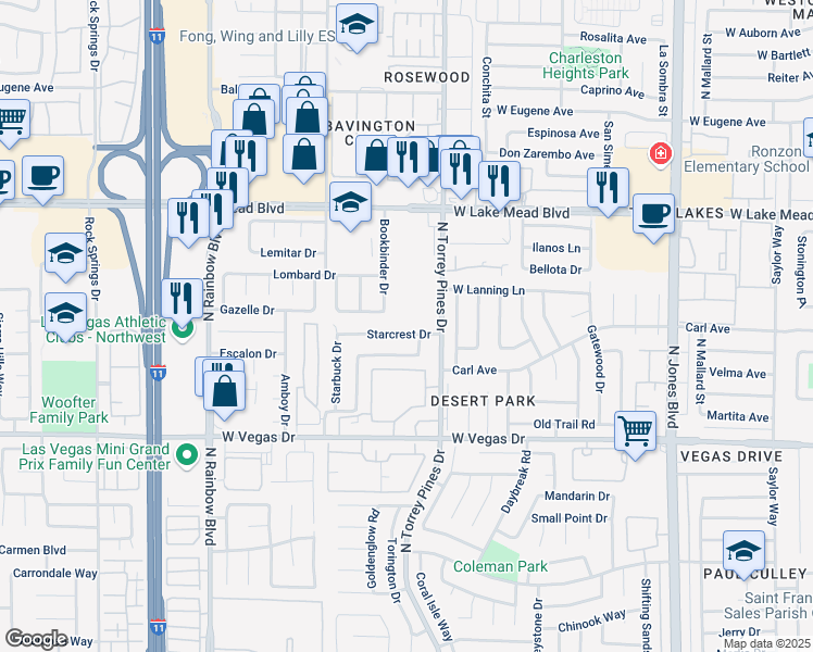 map of restaurants, bars, coffee shops, grocery stores, and more near 6420 Starcrest Drive in Las Vegas