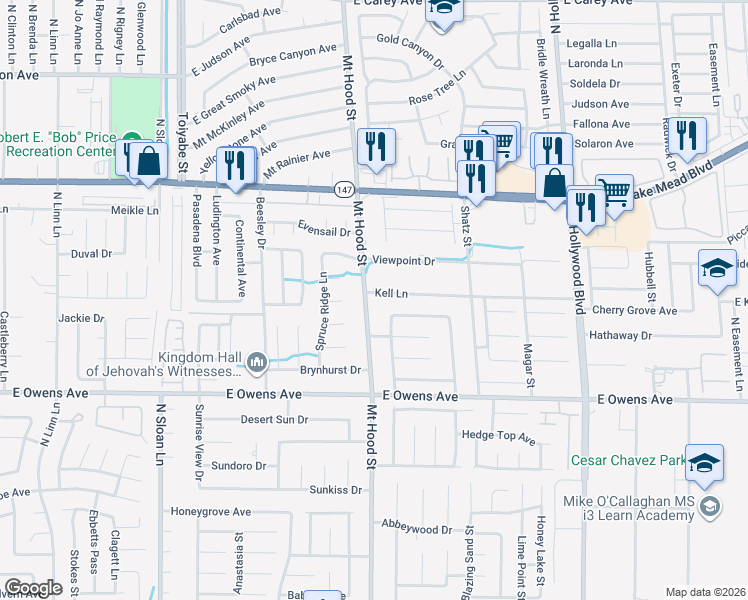 map of restaurants, bars, coffee shops, grocery stores, and more near 1790 Mount Hood Street in Las Vegas