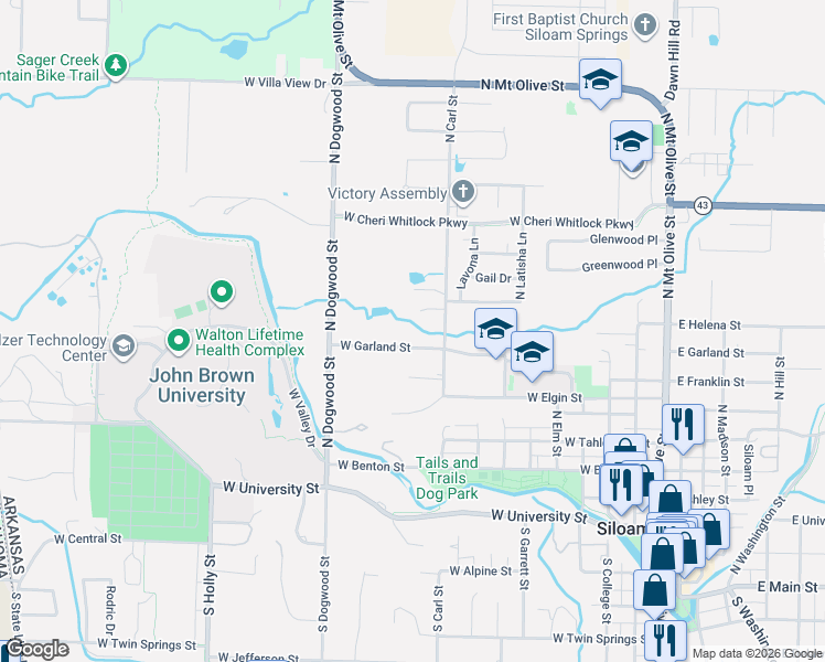 map of restaurants, bars, coffee shops, grocery stores, and more near 1023 West Garland Street in Siloam Springs