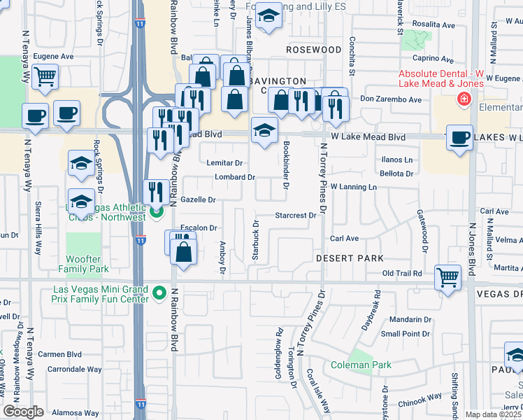 map of restaurants, bars, coffee shops, grocery stores, and more near 6528 Starcrest Drive in Las Vegas