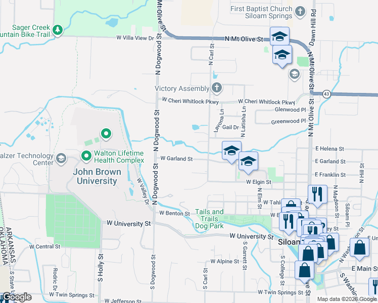 map of restaurants, bars, coffee shops, grocery stores, and more near 1023 W Garland St in Siloam Springs
