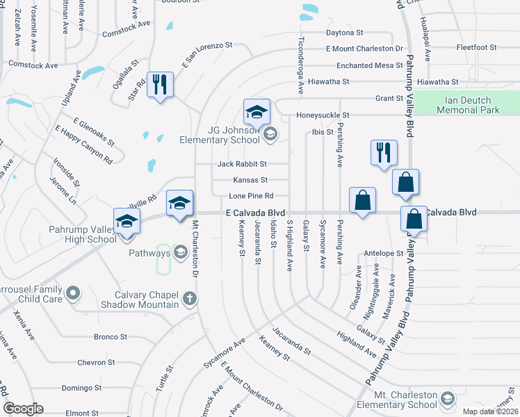 map of restaurants, bars, coffee shops, grocery stores, and more near 870 East Calvada Boulevard in Pahrump