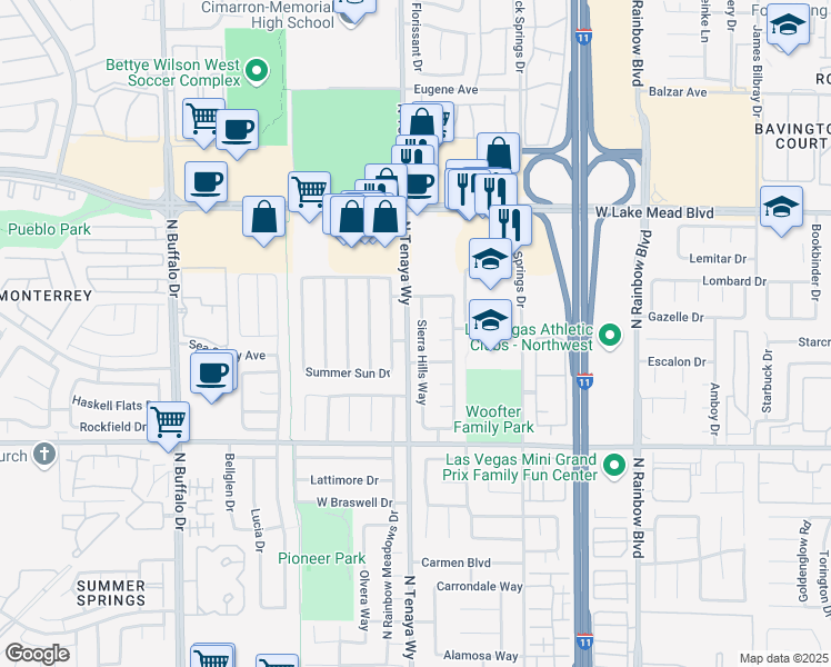 map of restaurants, bars, coffee shops, grocery stores, and more near 1829 Sierra Hills Way in Las Vegas