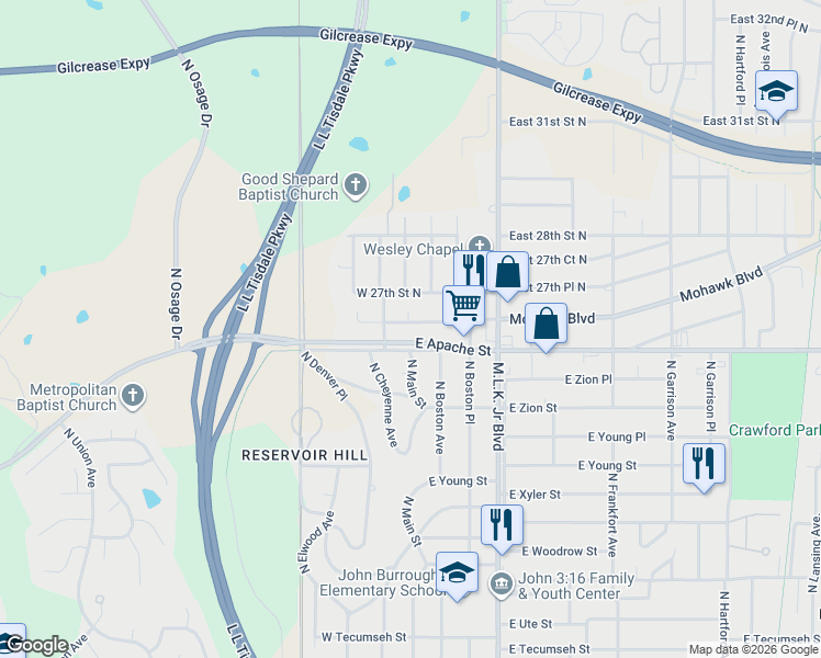 map of restaurants, bars, coffee shops, grocery stores, and more near 12 West 26th Place North in Tulsa