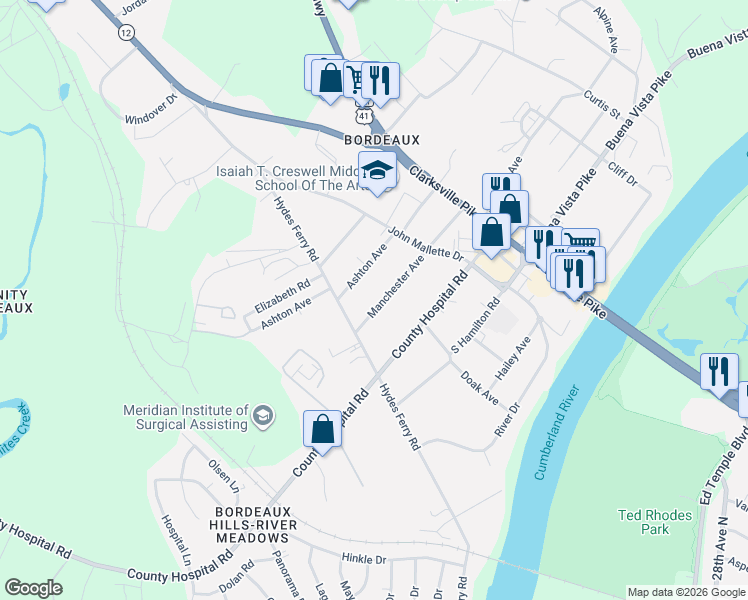 map of restaurants, bars, coffee shops, grocery stores, and more near 1807 Manchester Avenue in Nashville