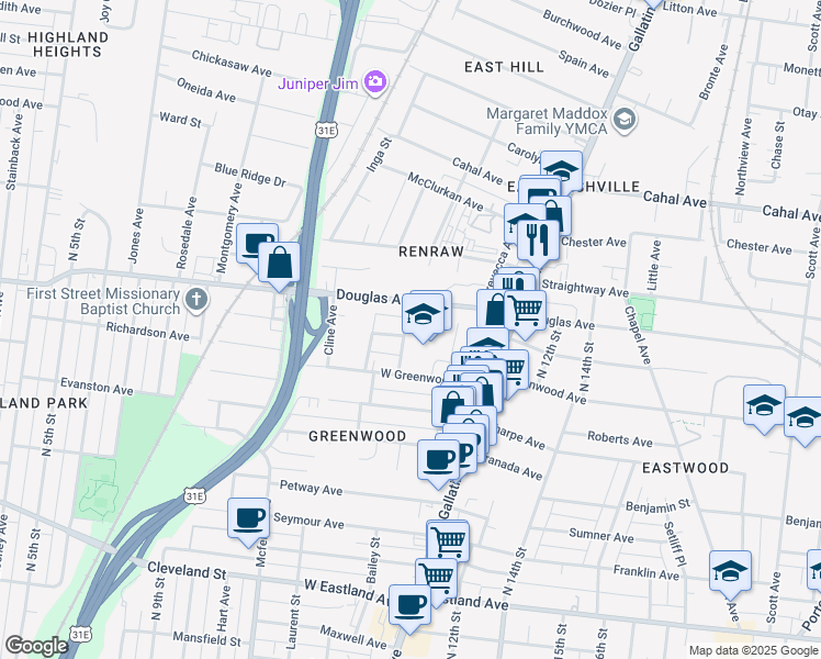 map of restaurants, bars, coffee shops, grocery stores, and more near 1215 Emmett Avenue in Nashville