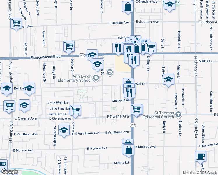 map of restaurants, bars, coffee shops, grocery stores, and more near 4945 Kell Lane in Las Vegas