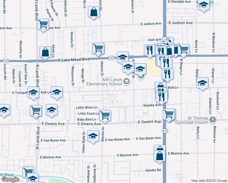 map of restaurants, bars, coffee shops, grocery stores, and more near 23 Kell Lane in Las Vegas