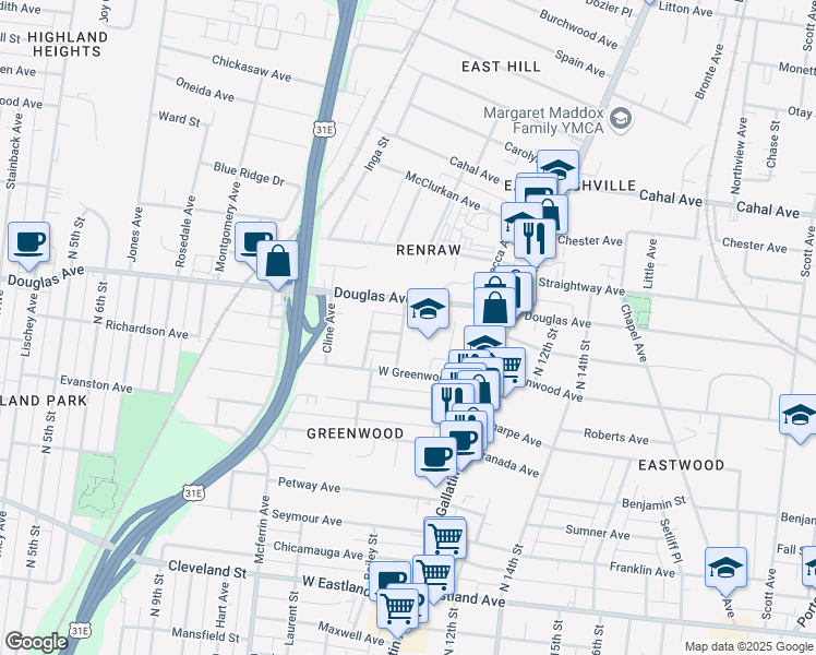 map of restaurants, bars, coffee shops, grocery stores, and more near 1215 Emmett Avenue in Nashville
