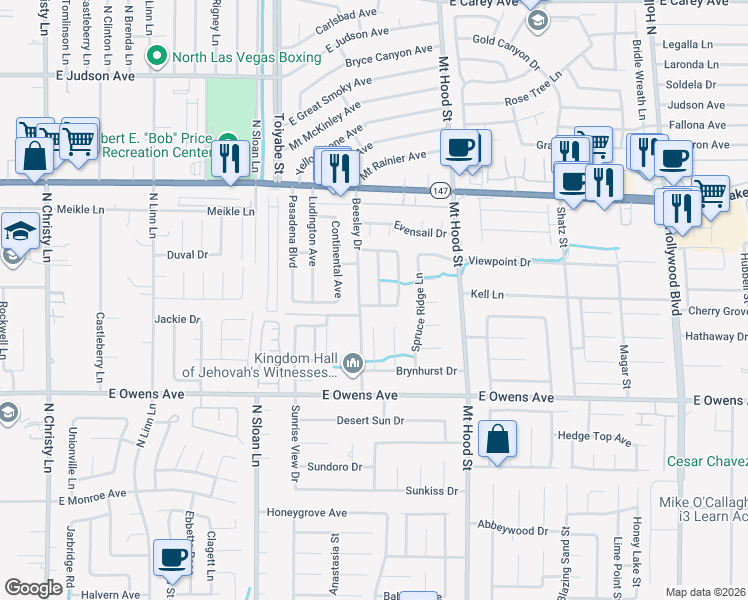 map of restaurants, bars, coffee shops, grocery stores, and more near 1785 Green Acres Avenue in Las Vegas