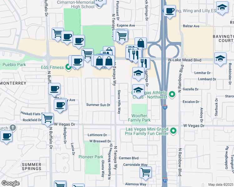 map of restaurants, bars, coffee shops, grocery stores, and more near 1829 Sierra Hills Way in Las Vegas