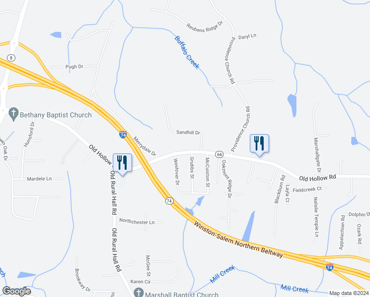 map of restaurants, bars, coffee shops, grocery stores, and more near 897 Old Hollow Road in Winston-Salem