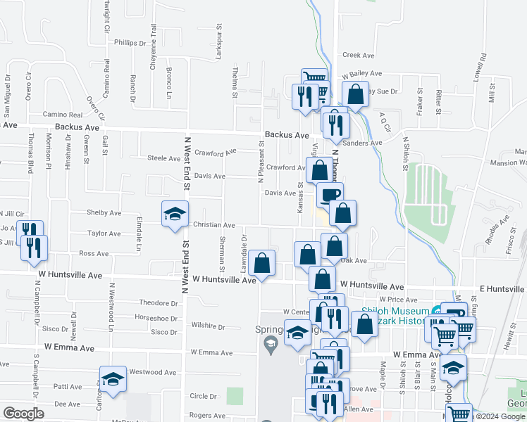map of restaurants, bars, coffee shops, grocery stores, and more near 813 North Pleasant Street in Springdale