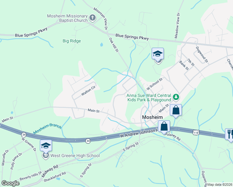 map of restaurants, bars, coffee shops, grocery stores, and more near 165 Unaka Drive in Mosheim