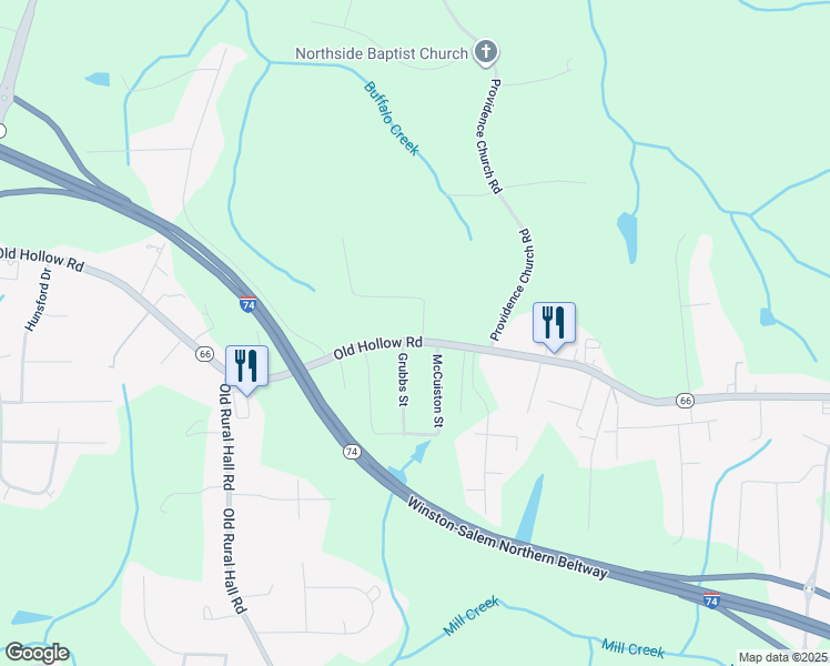 map of restaurants, bars, coffee shops, grocery stores, and more near 905 Old Hollow Road in Winston-Salem