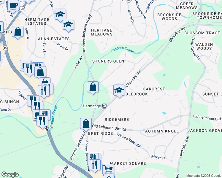 map of restaurants, bars, coffee shops, grocery stores, and more near 4131 Andrew Jackson Parkway in Nashville