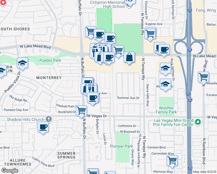 map of restaurants, bars, coffee shops, grocery stores, and more near 7513 Pacific Heights Avenue in Las Vegas