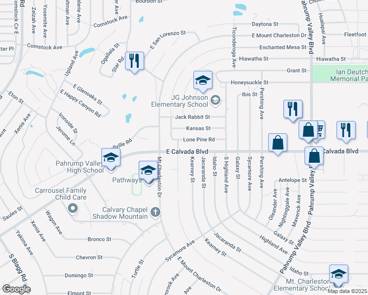 map of restaurants, bars, coffee shops, grocery stores, and more near 2 East Calvada Boulevard in Pahrump