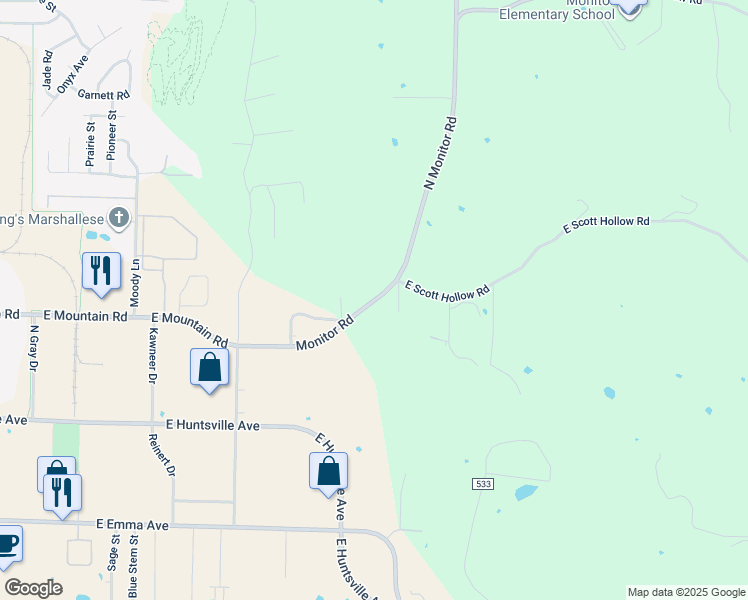 map of restaurants, bars, coffee shops, grocery stores, and more near 1101 Monitor Road in Springdale