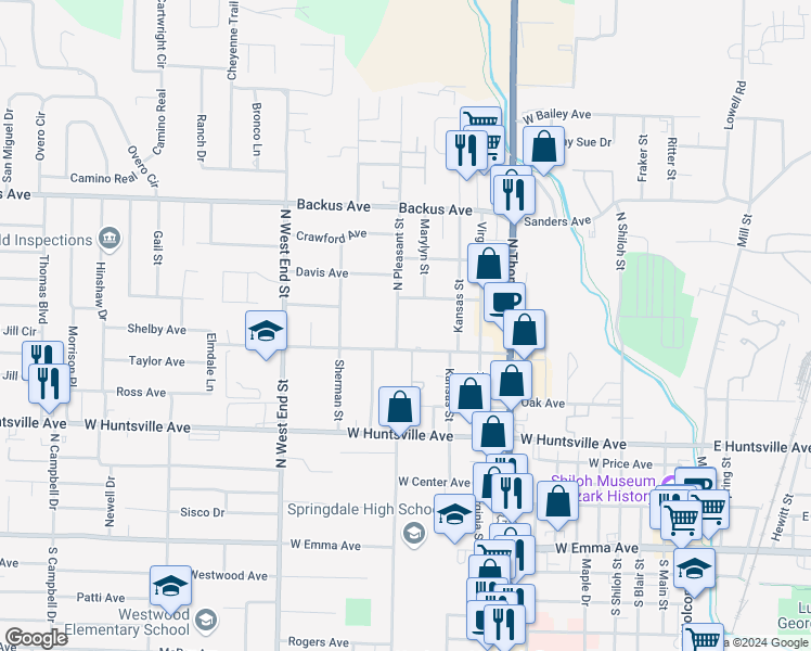 map of restaurants, bars, coffee shops, grocery stores, and more near in Springdale
