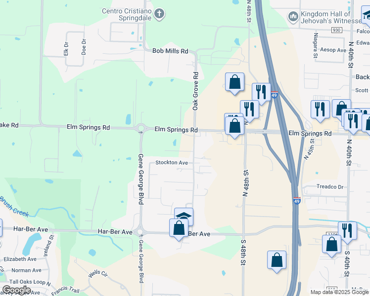 map of restaurants, bars, coffee shops, grocery stores, and more near 769 Oak Grove Road in Springdale