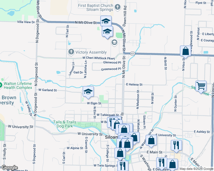 map of restaurants, bars, coffee shops, grocery stores, and more near 840 North Wright Street in Siloam Springs
