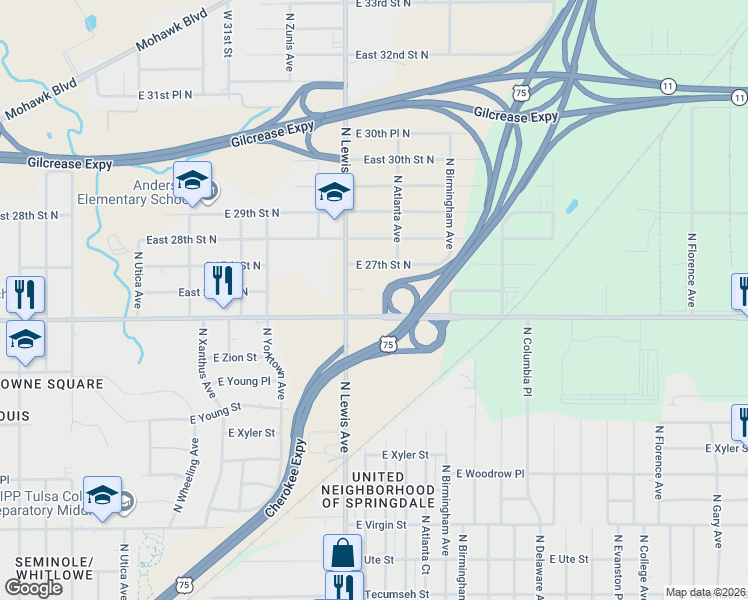 map of restaurants, bars, coffee shops, grocery stores, and more near 2429 East Apache Street in Tulsa