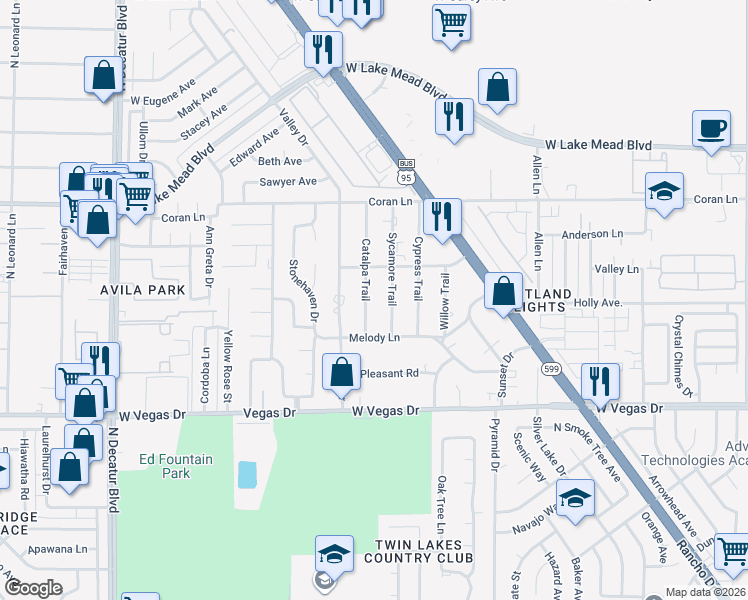 map of restaurants, bars, coffee shops, grocery stores, and more near 1799 Catalpa Trail in Las Vegas