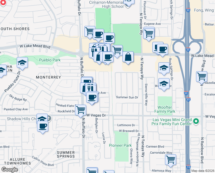 map of restaurants, bars, coffee shops, grocery stores, and more near 7513 Pacific Heights Avenue in Las Vegas