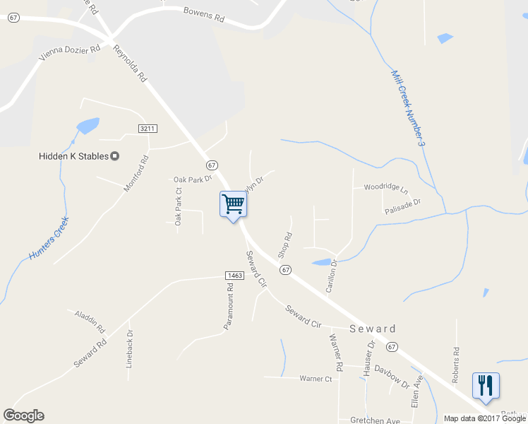 map of restaurants, bars, coffee shops, grocery stores, and more near 7165 Reynolda Road in Pfafftown