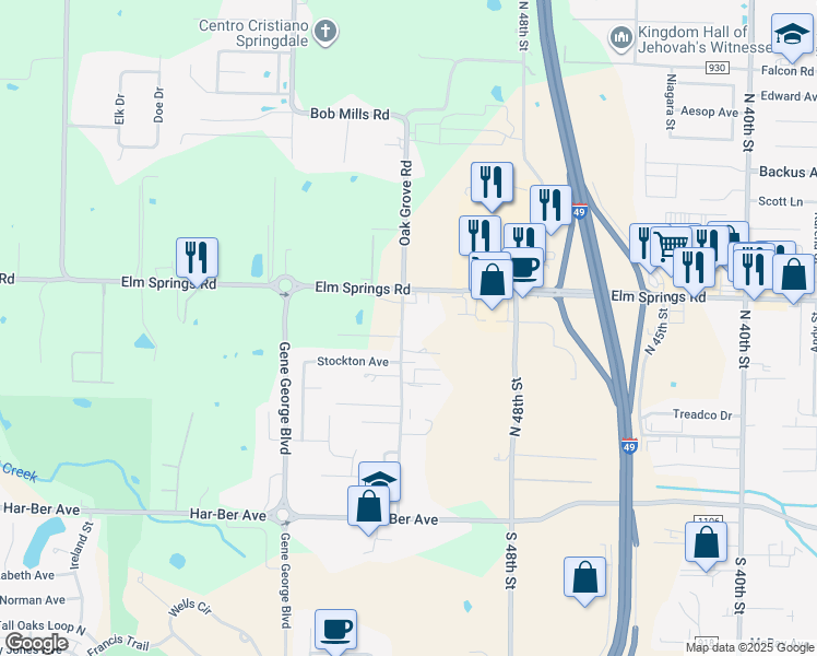 map of restaurants, bars, coffee shops, grocery stores, and more near 769 Oak Grove Road in Springdale