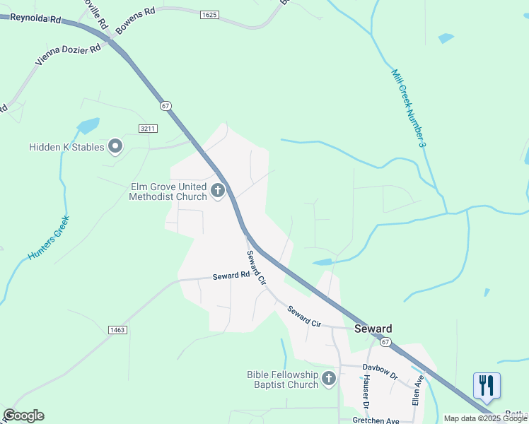 map of restaurants, bars, coffee shops, grocery stores, and more near 7165 Reynolda Road in Pfafftown