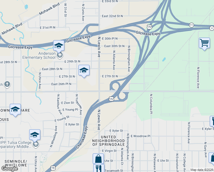 map of restaurants, bars, coffee shops, grocery stores, and more near 2429 East Apache Street in Tulsa
