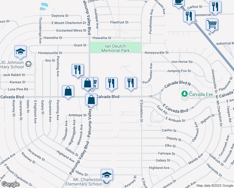 map of restaurants, bars, coffee shops, grocery stores, and more near 1600 East Calvada Boulevard in Pahrump