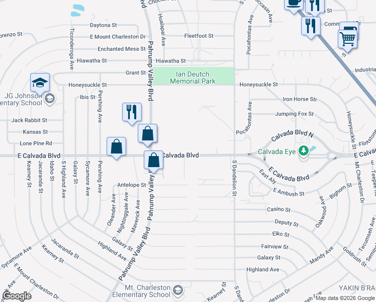 map of restaurants, bars, coffee shops, grocery stores, and more near 1576 East Calvada Boulevard in Pahrump