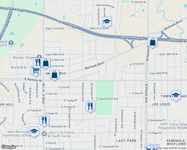 map of restaurants, bars, coffee shops, grocery stores, and more near 640 East 26th Place North in Tulsa