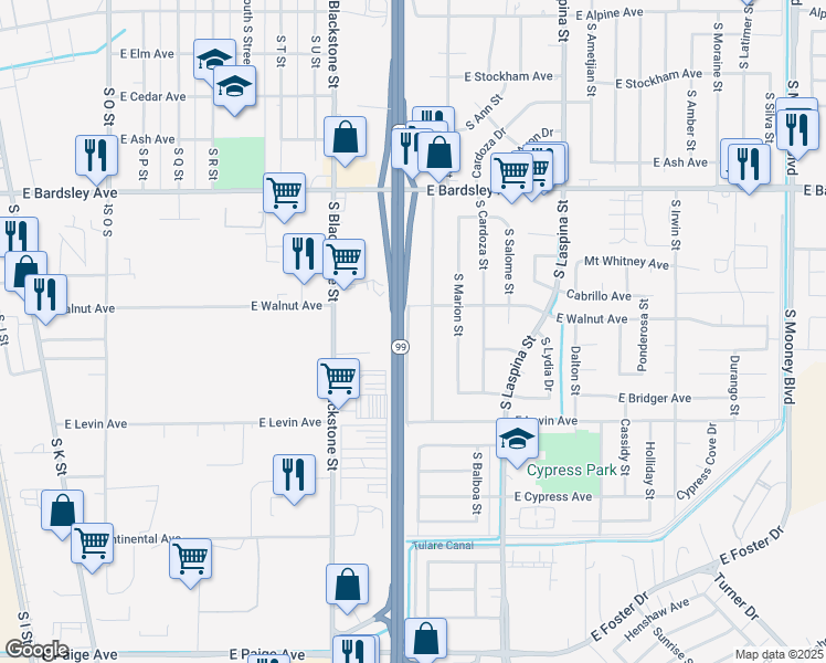 map of restaurants, bars, coffee shops, grocery stores, and more near 1516 South Dayton Street in Tulare