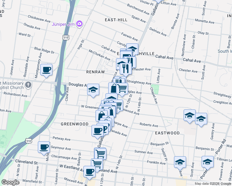 map of restaurants, bars, coffee shops, grocery stores, and more near 1220 Gallatin Avenue in Nashville