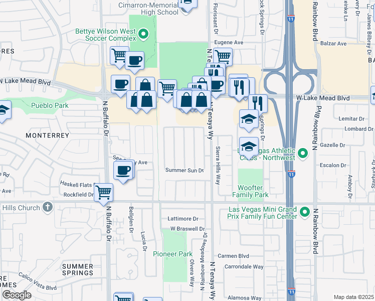 map of restaurants, bars, coffee shops, grocery stores, and more near 1808 Cedar Bluffs Way in Las Vegas