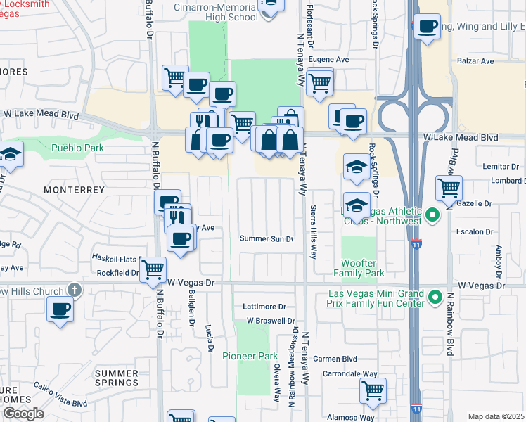 map of restaurants, bars, coffee shops, grocery stores, and more near 1809 Cedar Bluffs Way in Las Vegas