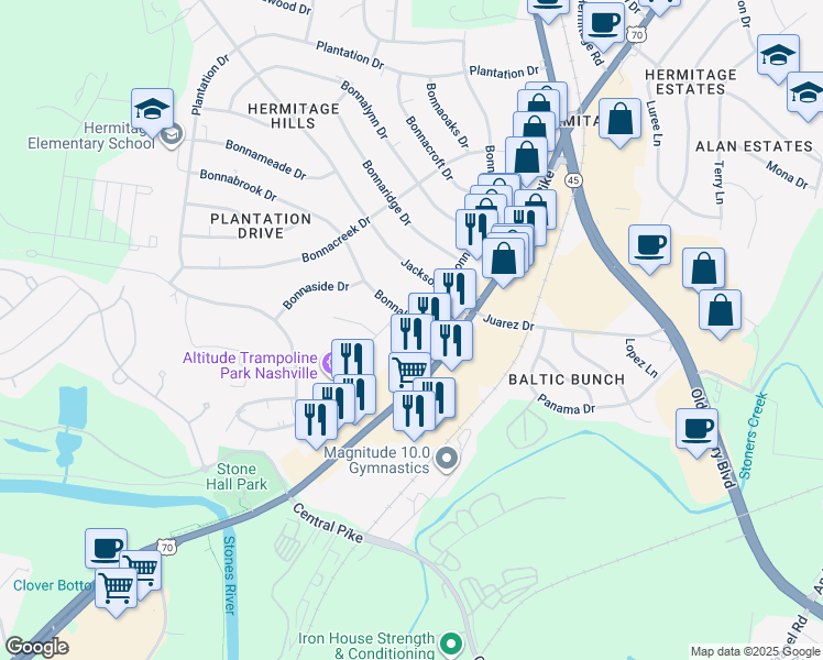map of restaurants, bars, coffee shops, grocery stores, and more near 105 Bonnabrook Drive in Nashville