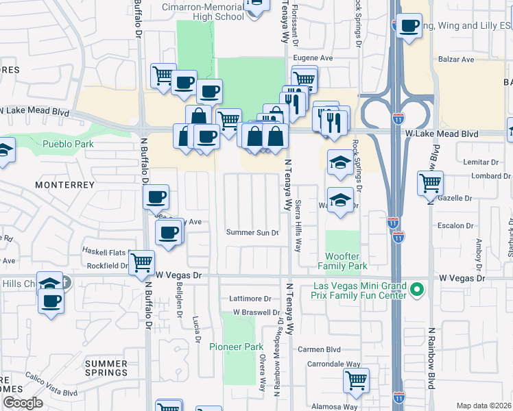 map of restaurants, bars, coffee shops, grocery stores, and more near 1808 Cedar Bluffs Way in Las Vegas