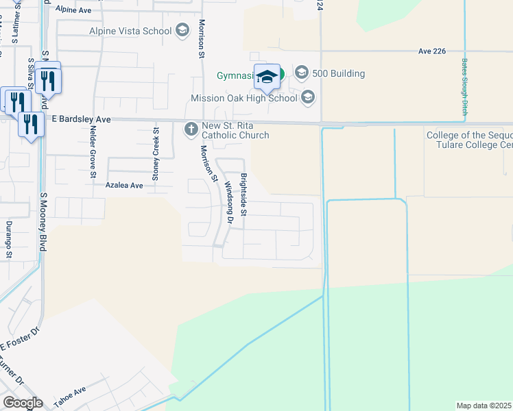 map of restaurants, bars, coffee shops, grocery stores, and more near 3286 Tradewinds Avenue in Tulare