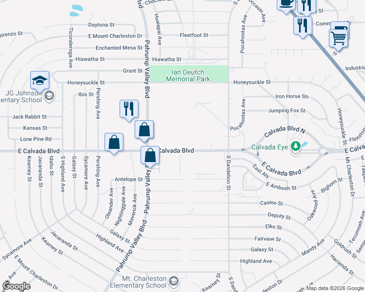map of restaurants, bars, coffee shops, grocery stores, and more near 1560 East Calvada Boulevard in Pahrump
