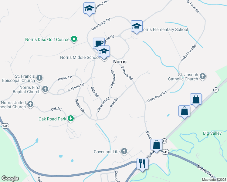 map of restaurants, bars, coffee shops, grocery stores, and more near 57 Dogwood Road in Norris