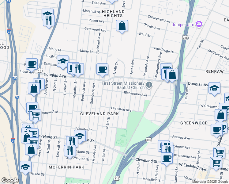 map of restaurants, bars, coffee shops, grocery stores, and more near 1118 North 6th Street in Nashville
